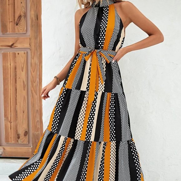 Boho Vacay Womens multicolor striped & Polka Dot Print maxi Dress - Picture 5 of 5